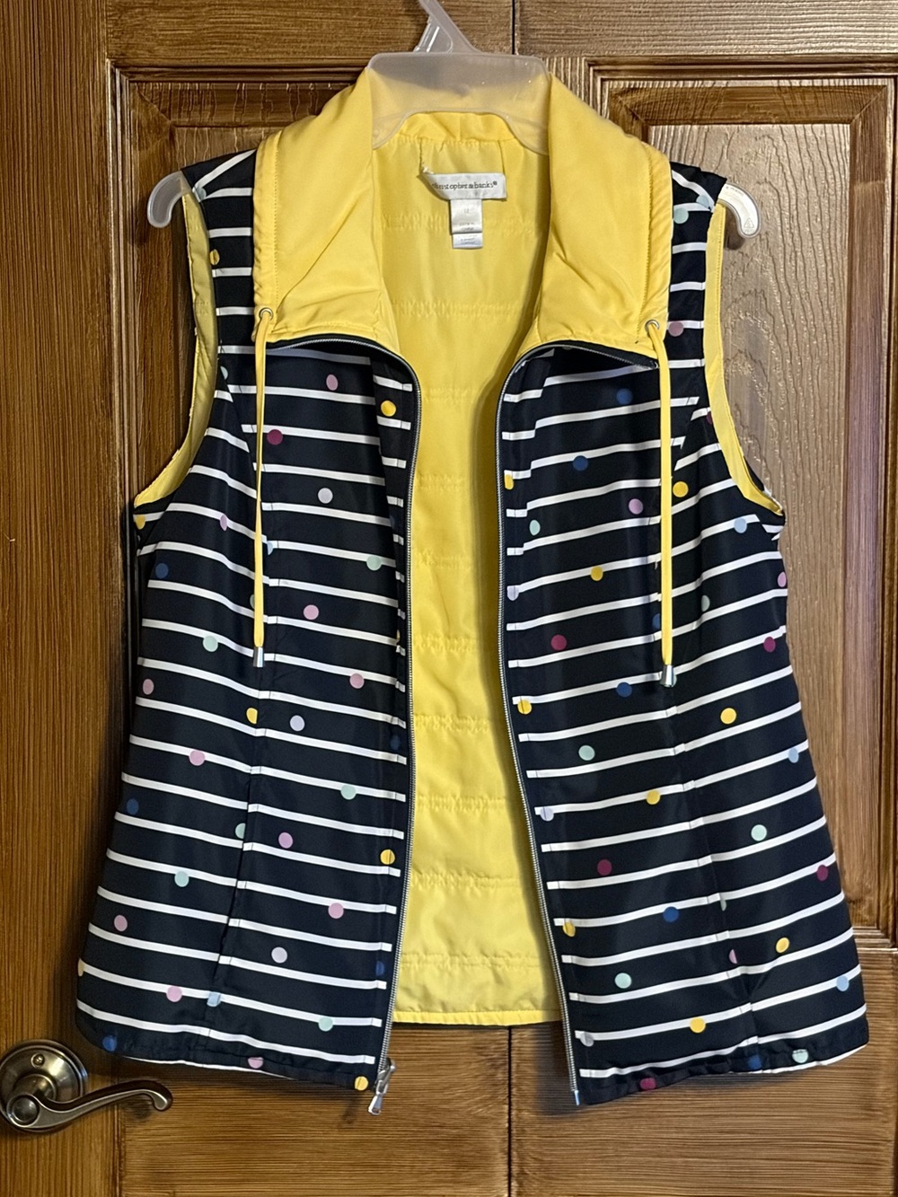 Christopher & Banks Navy & White striped Yellow Lined Quilted Vest w/ Polka Dots